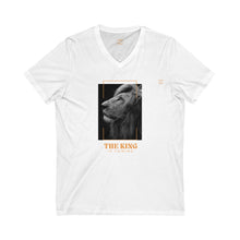 Load image into Gallery viewer, V-Neck Tee, 100% cotton, Lion Graphic "The King is Coming" on front, Daniel 7:14 on back, Inspirational T-shirt
