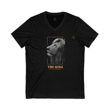 Load image into Gallery viewer, V-Neck Tee, 100% cotton, Lion Graphic "The King is Coming" on front, Daniel 7:14 on back, Inspirational T-shirt