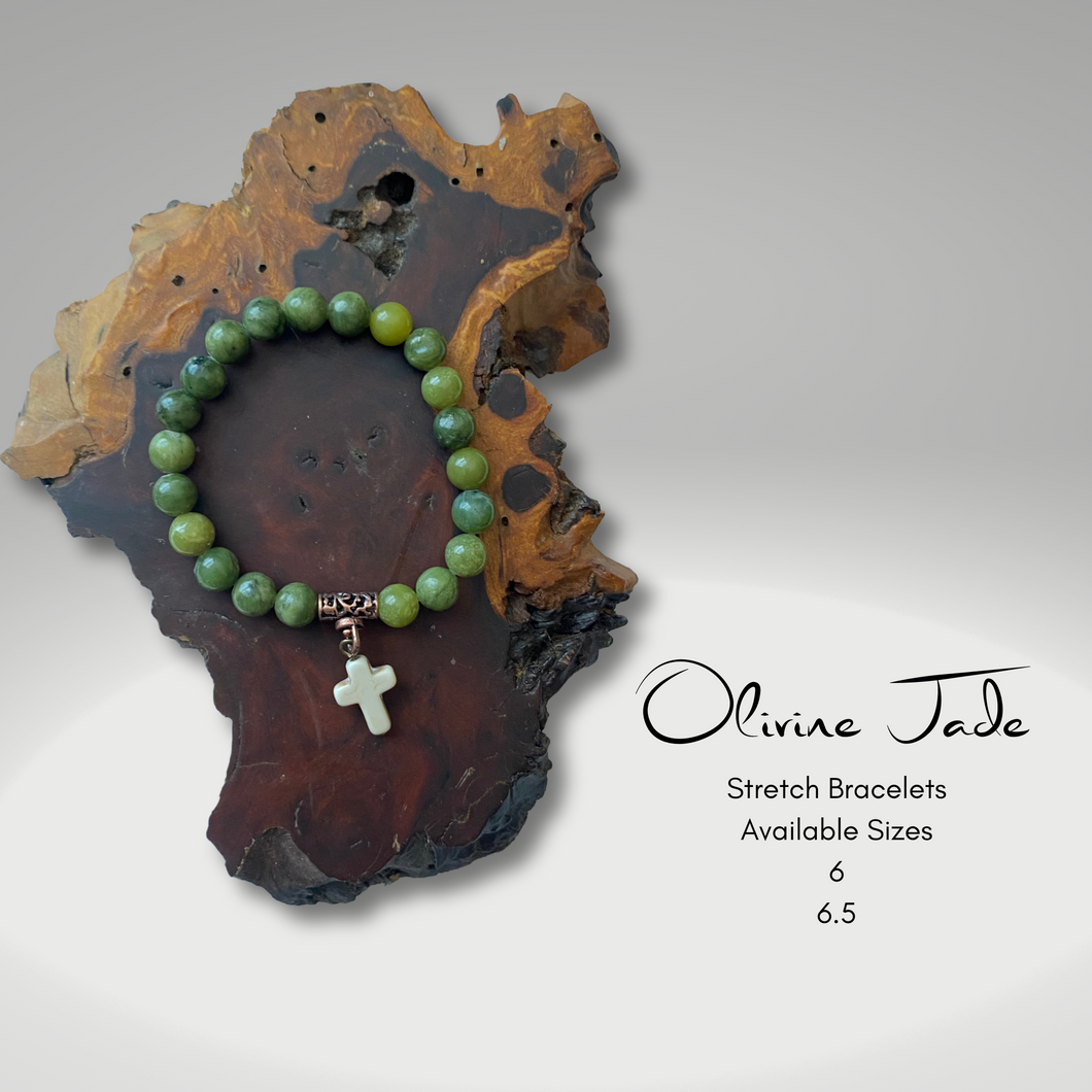 Olivine Jade, Copper Accents & Stone Cross Stretch Bracelet