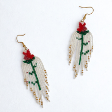 Load image into Gallery viewer, Beaded Long-Stem Red Rose Fringe Earrings
