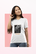 Load image into Gallery viewer, V-Neck Tee, 100% cotton, Lion Graphic "The King is Coming" on front, Daniel 7:14 on back, Inspirational T-shirt