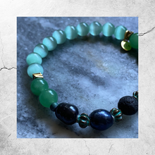 Load image into Gallery viewer, Essential Oil Bracelet || Cat-Eye and Jade Beads in Shades of Green || Black Freshwater Pearls