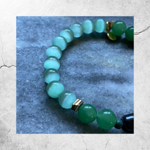 Load image into Gallery viewer, Essential Oil Bracelet || Cat-Eye and Jade Beads in Shades of Green || Black Freshwater Pearls