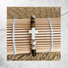 Load image into Gallery viewer, Ivory Stone Cross Bracelet || Tiger Eye & Zebra Jasper Beads