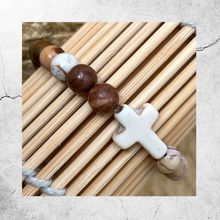 Load image into Gallery viewer, Ivory Stone Cross Bracelet || Tiger Eye & Zebra Jasper Beads
