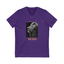 Load image into Gallery viewer, V-Neck Tee, 100% cotton, Lion Graphic "The King is Coming" on front, Daniel 7:14 on back, Inspirational T-shirt