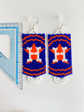 Load image into Gallery viewer, Handwoven Seed Bead earrings using white, orange and blue glass Delica beads. Approx 3" drop, 1" width. Sterling earwires. Made in USA. Take these out to the ballgame! Type: Seed Bead Earrings Size: 3 inch drop, 1 inch width