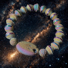Load image into Gallery viewer, Essential Oil Bracelet, Blue UFO-shaped Iridescent Glass Beads, Iridescent Oval Focal, Iridescent Lava Stones