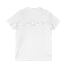 Load image into Gallery viewer, V-Neck Tee, 100% cotton, Lion Graphic "The King is Coming" on front, Daniel 7:14 on back, Inspirational T-shirt