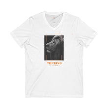 Load image into Gallery viewer, V-Neck Tee, 100% cotton, Lion Graphic "The King is Coming" on front, Daniel 7:14 on back, Inspirational T-shirt
