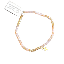 Load image into Gallery viewer, Pink Pastel Glass Cubes with Gold Mini-Cross, Stretch Bracelet, Petite Bracelet