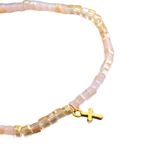 Load image into Gallery viewer, Pink Pastel Glass Cubes with Gold Mini-Cross, Stretch Bracelet, Petite Bracelet