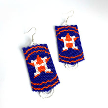 Load image into Gallery viewer, Handwoven Seed Bead earrings using white, orange and blue glass Delica beads. Approx 3" drop, 1" width. Sterling earwires. Made in USA. Take these out to the ballgame! Type: Seed Bead Earrings Size: 3 inch drop, 1 inch width