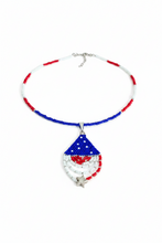 Load image into Gallery viewer, Patriotic Necklace in Red White Blue Beads, Pendant of USA Flag Drape