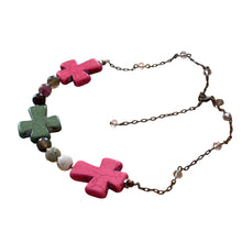 Load image into Gallery viewer, Large Focal Cross Necklace, 3 Crosses in Pink and Green, Pink Sparkly Beads, 21 inch Brass Chain, Accents of Silver