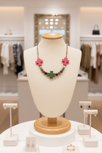 Load image into Gallery viewer, Large Focal Cross Necklace, 3 Crosses in Pink and Green, Pink Sparkly Beads, 21 inch Brass Chain, Accents of Silver