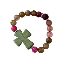 Load image into Gallery viewer, Essential Oil Bracelet with Bold Green Cross Focal surrounded by agates ranging from pink and greens and purple