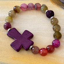 Load image into Gallery viewer, Essential Oil Bracelet, Large Purple Cross Focal, Surrounded by Agates in shades of pinks, purples and greens