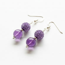 Load image into Gallery viewer, Purple Amethyst Bead Combined with Rhinestone Bead same size and color on sterling silver ear wires