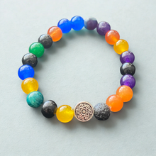 Load image into Gallery viewer, Essential Oil Bracelet, Chakra Stones, Silver Metal Coin accent, Stretch Bracelet