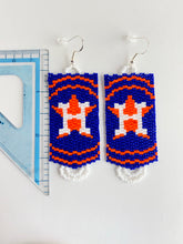 Load image into Gallery viewer, Handwoven Seed Bead earrings using white, orange and blue glass Delica beads. Approx 3" drop, 1" width. Sterling earwires. Made in USA. Take these out to the ballgame! Type: Seed Bead Earrings Size: 3 inch drop, 1 inch width