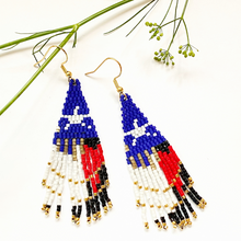 Load image into Gallery viewer, Texas Rising Fringe Earrings - Beaded in the Texas Flag Colors, Dipped in 24K Gold
