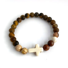 Load image into Gallery viewer, White Stone Cross, Tiger Eye & Jasper Bracelet || Stretch Bracelet