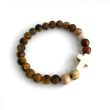 Load image into Gallery viewer, White Stone Cross, Tiger Eye & Jasper Bracelet || Stretch Bracelet