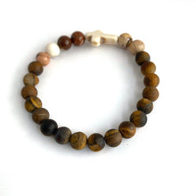 Load image into Gallery viewer, White Stone Cross, Tiger Eye & Jasper Bracelet || Stretch Bracelet