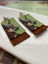 Load image into Gallery viewer, Handwoven Doberman Post Earrings, Beaded in Green, Beige, Browns, and Black || Backed with Suede Fringe