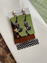 Load image into Gallery viewer, Handwoven Doberman Post Earrings, Beaded in Green, Beige, Browns, and Black || Backed with Suede Fringe