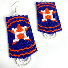 Load image into Gallery viewer, Handwoven Seed Bead earrings using white, orange and blue glass Delica beads. Approx 3" drop, 1" width. Sterling earwires. Made in USA. Take these out to the ballgame! Type: Seed Bead Earrings Size: 3 inch drop, 1 inch width