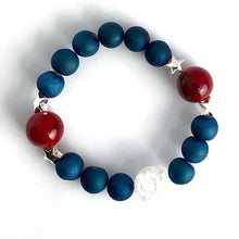 Load image into Gallery viewer, Star-Spangled Blue || Glass Red Beads, White Crackle Quartz, Blue Agates || Silver Stars || Stretch Bracelet