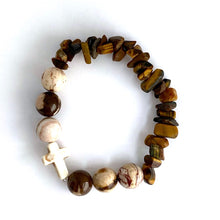Load image into Gallery viewer, White Stone Cross, Tiger Eye chips & Zebra Jasper Bracelet || Size 6.5