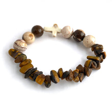 Load image into Gallery viewer, White Stone Cross, Tiger Eye chips & Zebra Jasper Bracelet || Size 6.5
