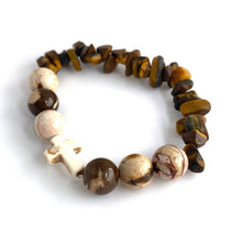 Load image into Gallery viewer, White Stone Cross, Tiger Eye chips & Zebra Jasper Bracelet || Size 6.5