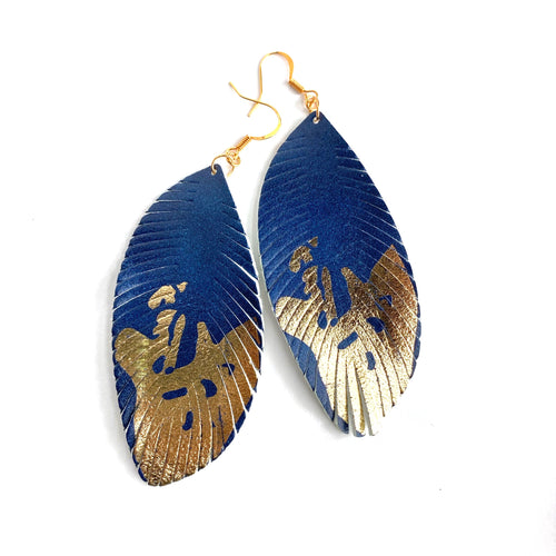 4 inch drop Blue Leather Leaf earrings. Gilded in splashes of gold. Large, but lightweight. 14K gold-plated ear wires.