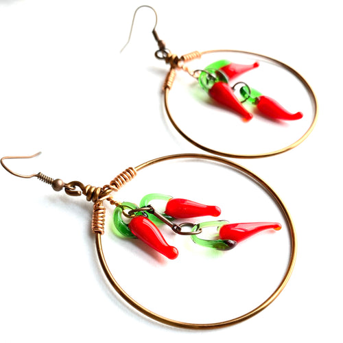 “Rings of Fire” - Shiny 2 inch Copper Hoops, handcrafted, dangle Red Hot Chili Pepper. Copper and Glass.   Type: Hoops Size: 2 inch Metals: Copper Materials: Glass Beads