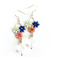 Load image into Gallery viewer, Gathering Bouquet || Beaded Flower Earrings in Pink, Green and Blue, Crystal Dangle
