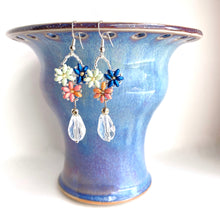 Load image into Gallery viewer, Czech Glass Beaded flowers dangle in a bouquet of spring colors - pink, green, blue - with a crystal teardrop dangle. Sterling Silver ear wires. Color: Pink, Blue, Green, White Drop Length: 2 1/2 inch Materials: Czech Glass Beads, Crystals Metals: .925 Sterling Silver ear wires; mixed