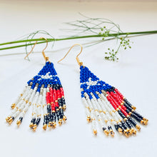 Load image into Gallery viewer, Texas Rising Fringe Earrings - Beaded in the Texas Flag Colors, Dipped in 24K Gold