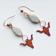 Load image into Gallery viewer, Copper & Leather Long Horn Dangle Earrings