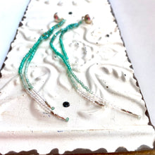 Load image into Gallery viewer, Shades of Green in Quartz and Jade. Long Strand Duster Earrings that Kiss your Shoulders in Silver.