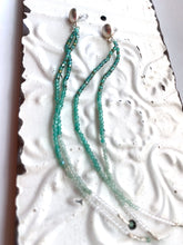 Load image into Gallery viewer, Shades of Green in Quartz and Jade. Long Strand Duster Earrings that Kiss your Shoulders in Silver.