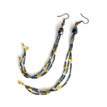 Load image into Gallery viewer, Long Strand Shoulder Duster Beaded Earrings. Gunmetal, Mustard & Denim Combine in 7 inch luxury strands