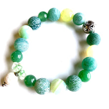 Load image into Gallery viewer, Breathe deep your favorite essential oil (1-2 drops applied to white Lava bead charm) all day long. Rich green Aventurine and Agate beads and chips surround a silver Filigree bead. Type: Diffuser Stretch Bracelet Size: 6 Bead sizes: 8mm, 10mm
