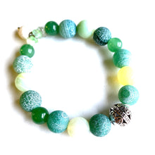 Load image into Gallery viewer, Breathe deep your favorite essential oil (1-2 drops applied to white Lava bead charm) all day long. Rich green Aventurine and Agate beads and chips surround a silver Filigree bead. Type: Diffuser Stretch Bracelet Size: 6 Bead sizes: 8mm, 10mm