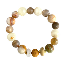 Load image into Gallery viewer, Stunning Diffuser Bracelet of grey Agates, Jade and vintage Lampwork Beads sure to complement every outfit. Gold spacer beads. Apply 1-2 drops of your favorite essential oil and breathe deep. Type: Diffuser Stretch Bracelet Size: 6.5 Bead sizes: 10mm, 12mm