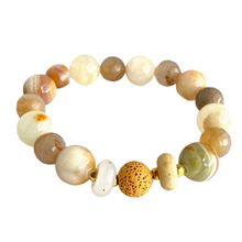 Load image into Gallery viewer, Stunning Diffuser Bracelet of grey Agates, Jade and vintage Lampwork Beads sure to complement every outfit. Gold spacer beads. Apply 1-2 drops of your favorite essential oil and breathe deep. Type: Diffuser Stretch Bracelet Size: 6.5 Bead sizes: 10mm, 12mm