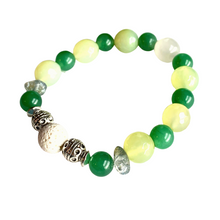 Load image into Gallery viewer, Rich, green Aventurine alternates with pale green Agates. A white lava bead, enveloped by two filigree silver beads, ensures you can always breathe in your favorite scent. Apply 1-2 drops your favorite essential oil to your lava bead. Type: Diffuser Stretch Bracelet Bead sizes: 8mm, 10mm